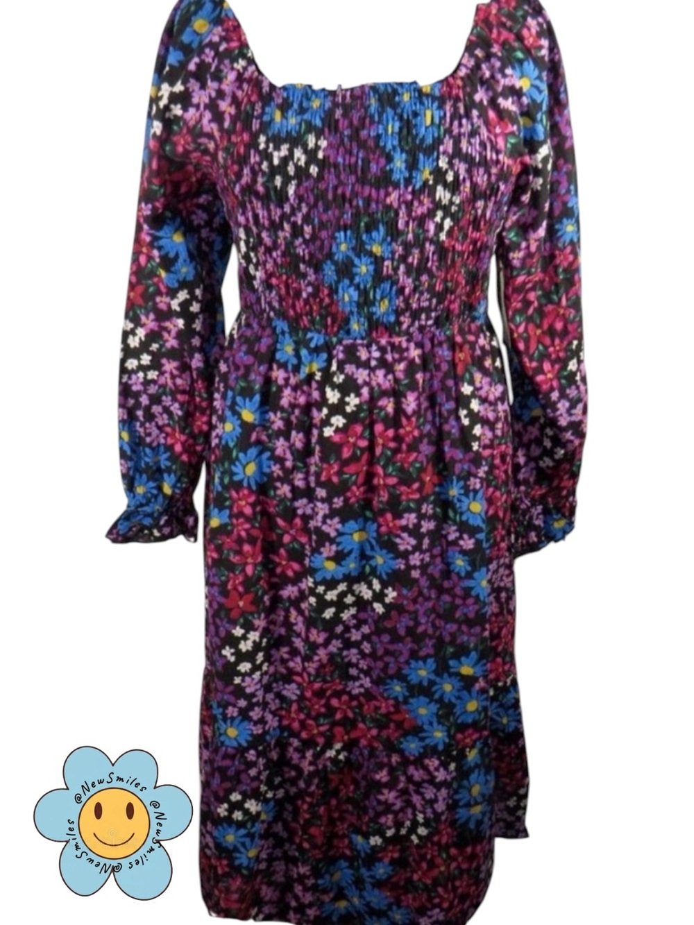 Terra & Sky ~ Midi Dress ~ Multicolored Flowers ~ Smocked on Top ~ Long Sleeved